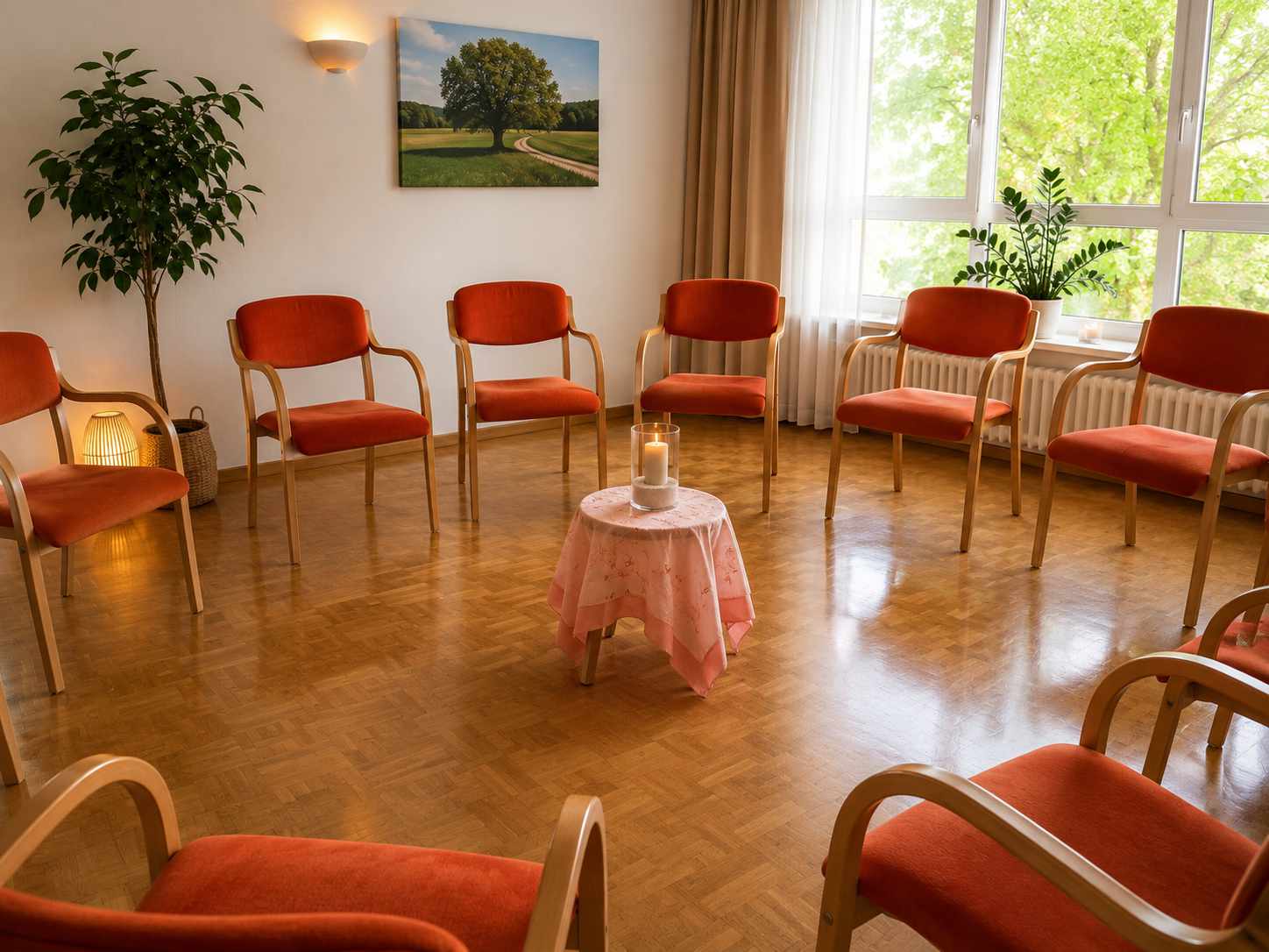 Seminarraum mit im Kreis angeordneten Stühlen. In der Mitte steht ein Tisch mit einer angezündeten Kerze.