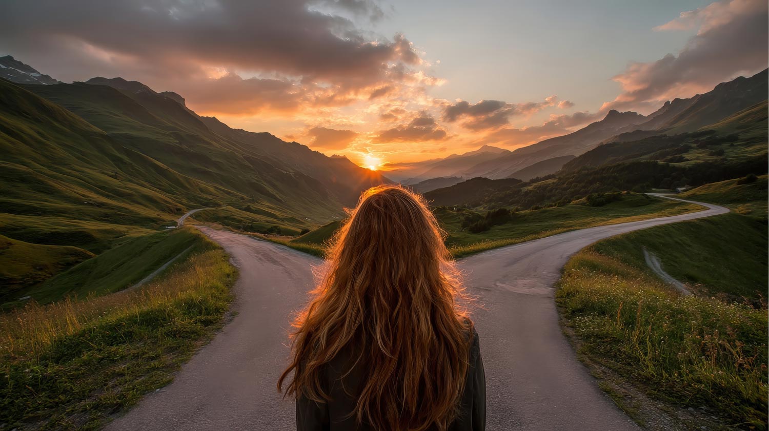 Frau steht in den Bergen vor einer Weggabelung. Im Hintergrund Bergpanorama und Sonnenaufgang.